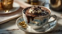 Decadent hot chocolate topped with whipped cream and chocolate shavings in vintage porcelain cup, creating indulgent dessert experience for cold winter days.