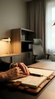Male hands writing in leather-bound notebook at modern home office desk with warm lighting and minimalist workspace setup for productivity and planning.