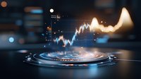 Upward trending stock market graph with glowing financial data visualization on digital holographic display for business analytics and investment growth concepts.