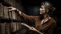 Middle-aged woman with gray hair in brown jacket searching old library shelves while holding book, dramatic dark moody lighting creates mysterious atmosphere.