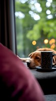Sleeping beagle dog next to starry pattern coffee cup on windowsill with soft bokeh lights and green foliage background, cozy morning atmosphere.