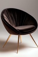 Modern round armchair with brown velvet upholstery and gold metal legs on light background. Luxurious contemporary furniture piece for interior design.