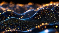 Glowing digital wave with golden and blue particles flowing in dark space, abstract technology background with bokeh light effects and motion blur.