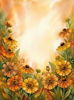 Watercolor autumn floral frame with orange yellow flowers and green leaves on warm background for greeting cards and seasonal designs.