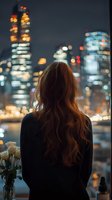 Young woman with long brown hair in black sweater looking at night city skyline with bokeh lights and skyscrapers, rear view. Urban lifestyle photography.