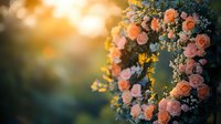 Romantic floral arch with peach roses and wildflowers against golden sunset bokeh background, wedding ceremony decoration for outdoor celebrations.