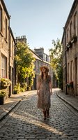Young Caucasian woman in floral dress and straw hat walking on a charming cobblestone alley lined with stone buildings and flowers.