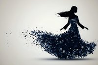 Silhouette of woman in flowing dress made of scattered blue flowers and petals dancing gracefully against light background, artistic fashion illustration.