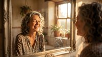 Mature woman with curly gray hair smiling joyfully at her reflection in vintage bathroom mirror during morning routine. Self-care and positive aging concept.