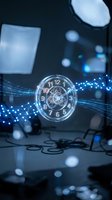 Digital clock hologram with glowing blue network connections floating in modern tech workspace for time management and productivity concepts.