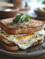 Grilled sandwich with sunny side up egg, melted cheese and fresh herbs on toasted bread, seasoned with black pepper, served on ceramic plate. Close up food photography.