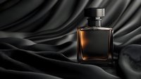 Luxury fragrance bottle with amber liquid on dark silky fabric background, dramatic lighting creates elegant atmosphere for premium product photography.