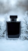 Elegant black glass perfume bottle on snowy winter background with frosty pine branches creating luxurious cold season atmosphere for fragrance advertising.