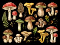 Detailed illustrated mushroom and forest plant collection, isolated on transparent background, ready for stickers, t-shirt design, print on demand, and sublimation crafts.