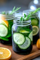 Fresh cucumber mint infused water in mason jar with citrus slices and herbs. Refreshing summer drink with bubbles and condensation on glass surface.