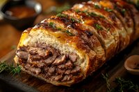 Braided bread loaf filled with tender pulled beef and herbs, garnished with fresh thyme on rustic wooden board, close-up view showing juicy meat layers.