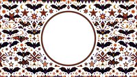 Spooky bat and star seamless pattern with circular frame on white background, ideal for Halloween designs, textiles, and seasonal decorations.
