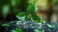 Green clover leaf with digital network overlay effect on dark background, representing nature meets technology concept for environmental innovation.