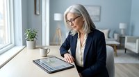 Senior businesswoman with gray hair and glasses using digital tablet at modern office desk near window for professional work and technology applications.