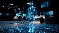 Futuristic hologram projection of male figure with digital grid and floating data elements in dark technological environment. Glowing blue wireframe anatomy visualization.
