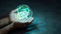 Hand holding glowing green energy sphere with digital holographic effect on dark background, representing innovation, technology, and sustainable power solutions.