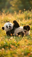 Young giant panda cub playing and rolling on grass meadow with wildflowers, expressing joy and playfulness in natural habitat environment.