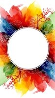 Vibrant watercolor frame with Asian motifs, lanterns, clouds and cherry blossoms surrounding white circle space for text or design elements.