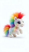 Adorable white plush unicorn toy with vibrant rainbow mane and tail isolated on white background for children's products and fantasy designs.