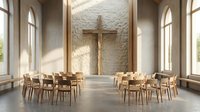 Modern minimalist chapel interior with wooden cross on textured white wall, natural light from tall windows, arranged wooden chairs for worship or meditation space.