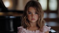 Young blonde girl with wavy hair wearing pink ruffled dress looking directly at camera with serious expression in warm indoor setting.