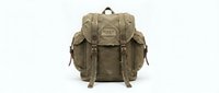Vintage military style canvas backpack in olive green with leather straps and buckles isolated on white background for outdoor adventure gear designs.