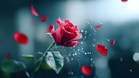 Red rose with falling petals and water drops against blurred dark background, romantic mood with bokeh effect and floating rose petals in dreamy atmosphere.