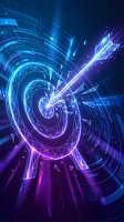 Futuristic digital spiral with glowing blue and purple neon lights, geometric patterns and energy beams creating dynamic cyberpunk technology background.