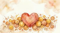 Watercolor heart surrounded by golden coins and decorative elements on textured background for romantic finance themes and love money concepts.