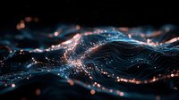 Abstract digital wave formation with glowing blue and copper particles flowing in dark space, creating dynamic network visualization for technology backgrounds.