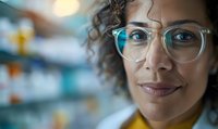 Close up portrait of mixed race woman with curly hair and transparent glasses smiling confidently against blurred background, professional workplace setting.