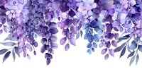Cascading purple and blue wisteria flowers with delicate leaves create an elegant floral border design on white background, suitable for wedding stationery and spring decor.