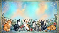 Diverse group of cats sitting together among flowers and decorative foliage with ornate border frame and soft pastel sky background.