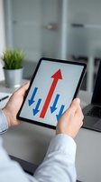 Business professional holding tablet displaying growth chart with red upward arrow and blue downward arrows in modern office workspace for financial analysis.
