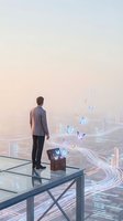 Businessman standing on glass platform watching glowing butterflies emerge from wooden chest above futuristic cityscape at sunset for creative concepts.