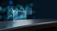 Holographic financial charts and calculator floating above modern surface with glowing data visualization and trading graphs for business analytics presentations.