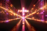 Glowing digital cross with radiating light beams and LED wall panels creates dramatic spiritual atmosphere in dark space. Modern church stage design concept.