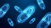 Glowing wireframe capsule pills floating on dark blue background, low poly geometric medical concept with neon light effects.
