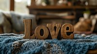 Young couple in cozy living room setting with wooden love letters on soft blue textile, expressing affection and romantic sentiment for home decor and relationship themes.