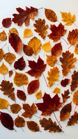 Colorful autumn leaves collection on white background featuring oak, maple and elm foliage in warm orange, red and yellow tones for seasonal design projects.