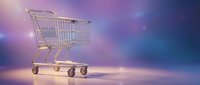 Empty shopping cart on purple gradient background for retail, e-commerce, and consumer marketing concepts in modern minimalist style.