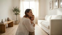 Young Caucasian mother hugging her little child in a bright modern living room, sharing a warm tender moment at home.