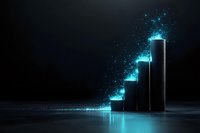 Glowing blue bar graph showing upward trend with magical sparkle effect on dark background, reflecting on glossy surface. Business growth concept.