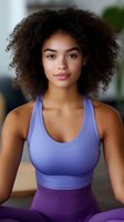 Young African American woman with natural curly hair wearing purple athletic wear during yoga or fitness practice, looking directly at camera with confident expression.