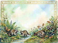 Raccoons foraging near water stream surrounded by ferns, wildflowers and foliage in woodland setting. Vintage watercolor style illustration with ornate decorative border frame.